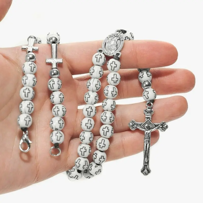 Catholic White Rosary Prayer Beaded Jerusalem Cross Crucifix Christ Jesus Necklace Decor with Holi Soil from Jerusalem