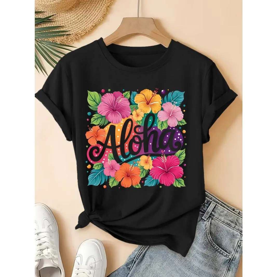Women's Soft Cotton Short-Sleeve Round Neck T-Shirt - Aloha Tropical Hibiscus Floral Graphic, Lady's Casual Streetwear for Summer Vacation Beach Outfit Top, Shortsleeve, Tshirt