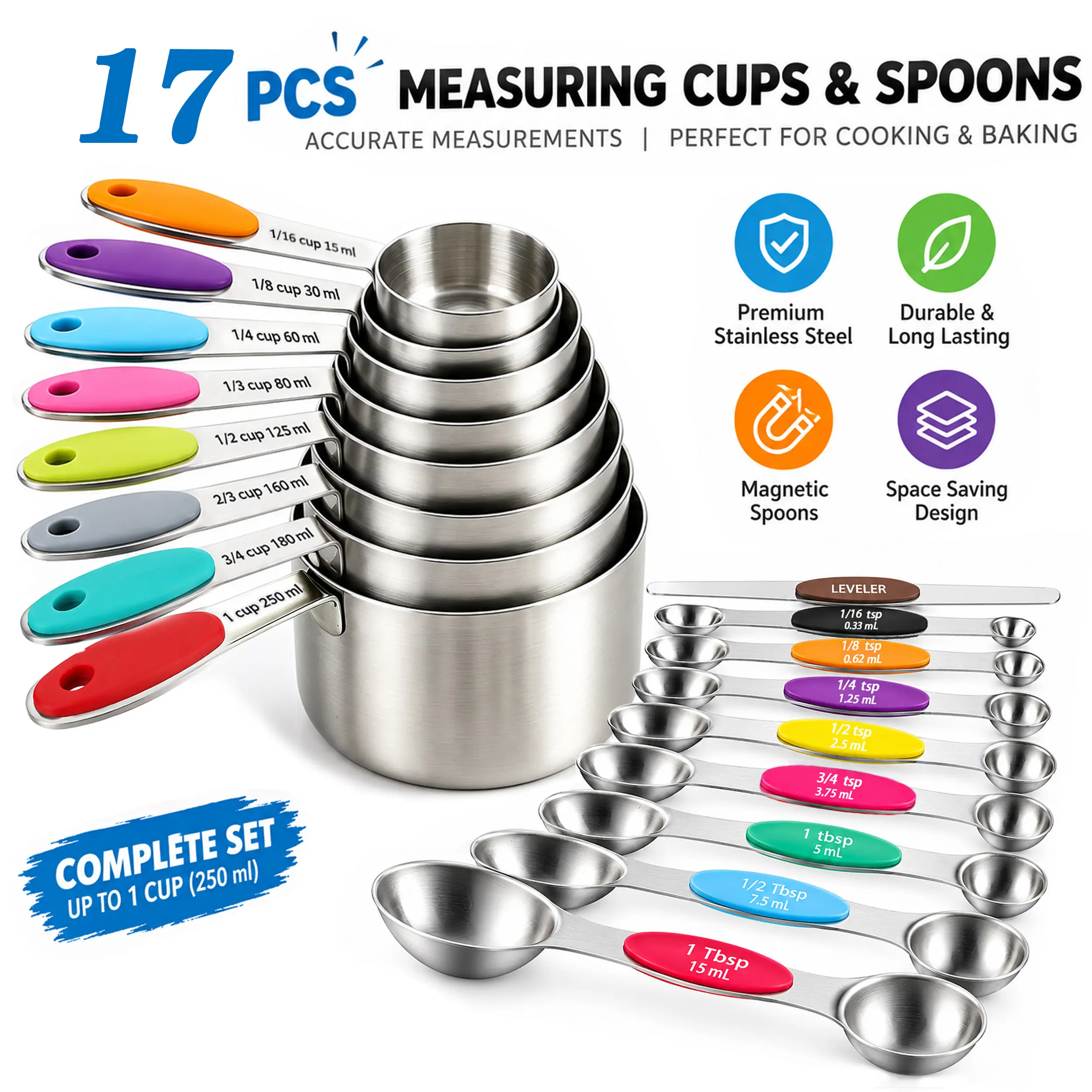 9/17Cup and spoon set family food portioner double-sided magnetic spoon set multipurpose cooking and baking kitchen cups stackable kitchen utensils food measurement tool
