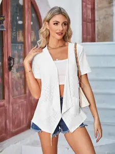 Women's Plain Hollow Out Short Sleeve Loose Casual Pocket Cardigan, Basic Comfortable Summer Outerwear, Perfect Daily Wear Choice, Everyday