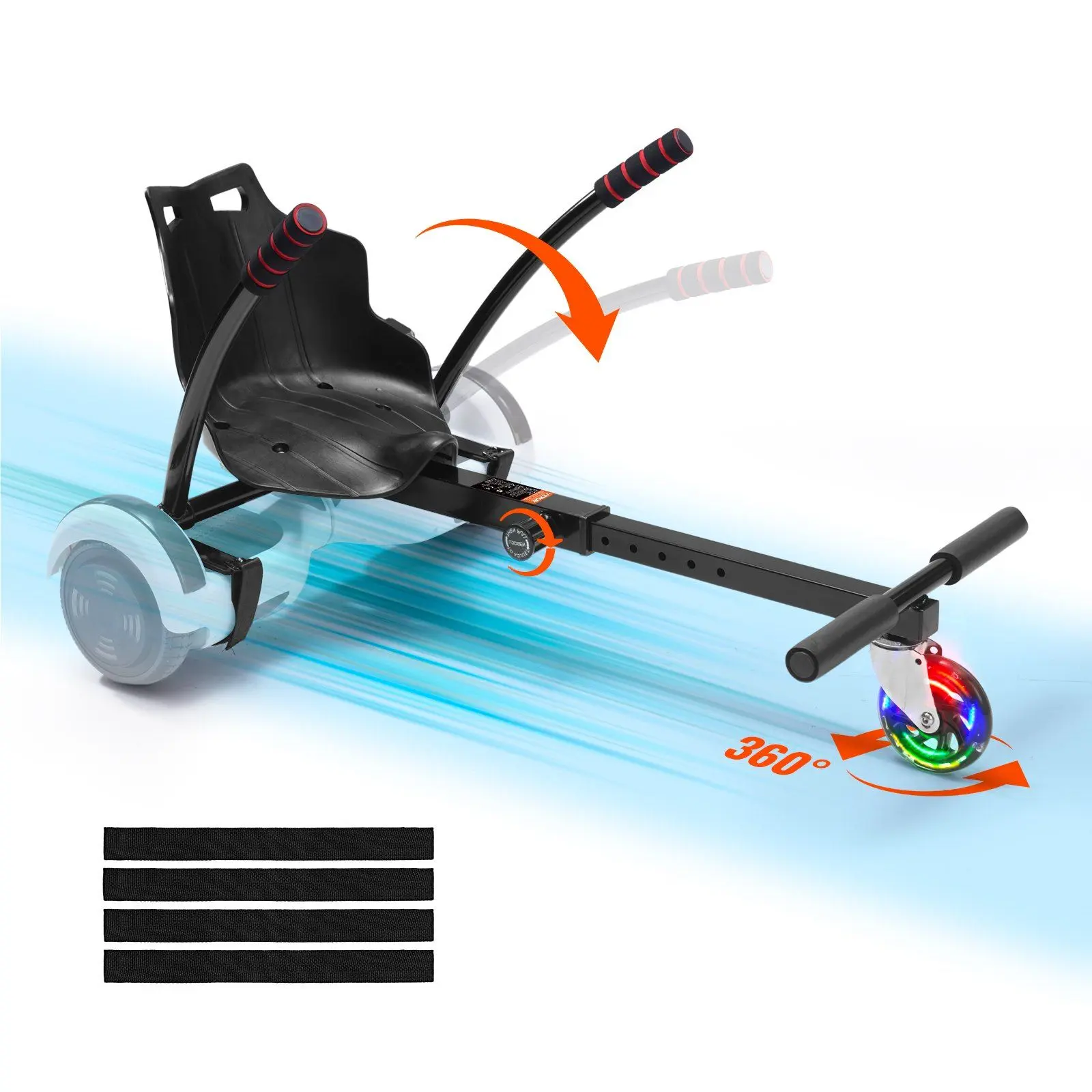VEVOR Hoverboard Seat Attachment, Go Kart Accessory for 6.5" 8" 8.5" 10" Hoverboards, LED Lights, 360° Large Diameter Ft Wheels, Anti-Slip Footrests, Ergonomic Seat & Backrest, Grip Controls, Adjustable Frame, 220 LBS Load Capacity for Kids Adults, 360° L