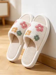 🌿French Countryside Plush Slippers, Soft Teddy Fleece Lining, Cute Floral Embroidery, Breathable Insole, Thick Anti-Slip Sole, Spring & Fall Comfort