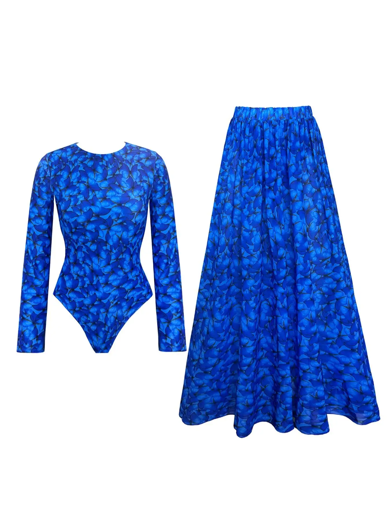 Women's Butterfly Print Zipper One-piece Swimsuit & Elastic Waist Skirt Islamic Swimsuit Set, Casual Long Sleeve Round Neck Swimwear & Skirt for Beach