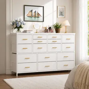 【Dealsforyoudays】Raybee TV Stand with 16 Storage Drawers & Charging Station, Large Entertainment Center with Power Outlet, Heavy Duty Metal Frame & Wood Top, Modern Media Console &Home Organizer for Living Room, Bedroom, Closet, Small Space, Apartment