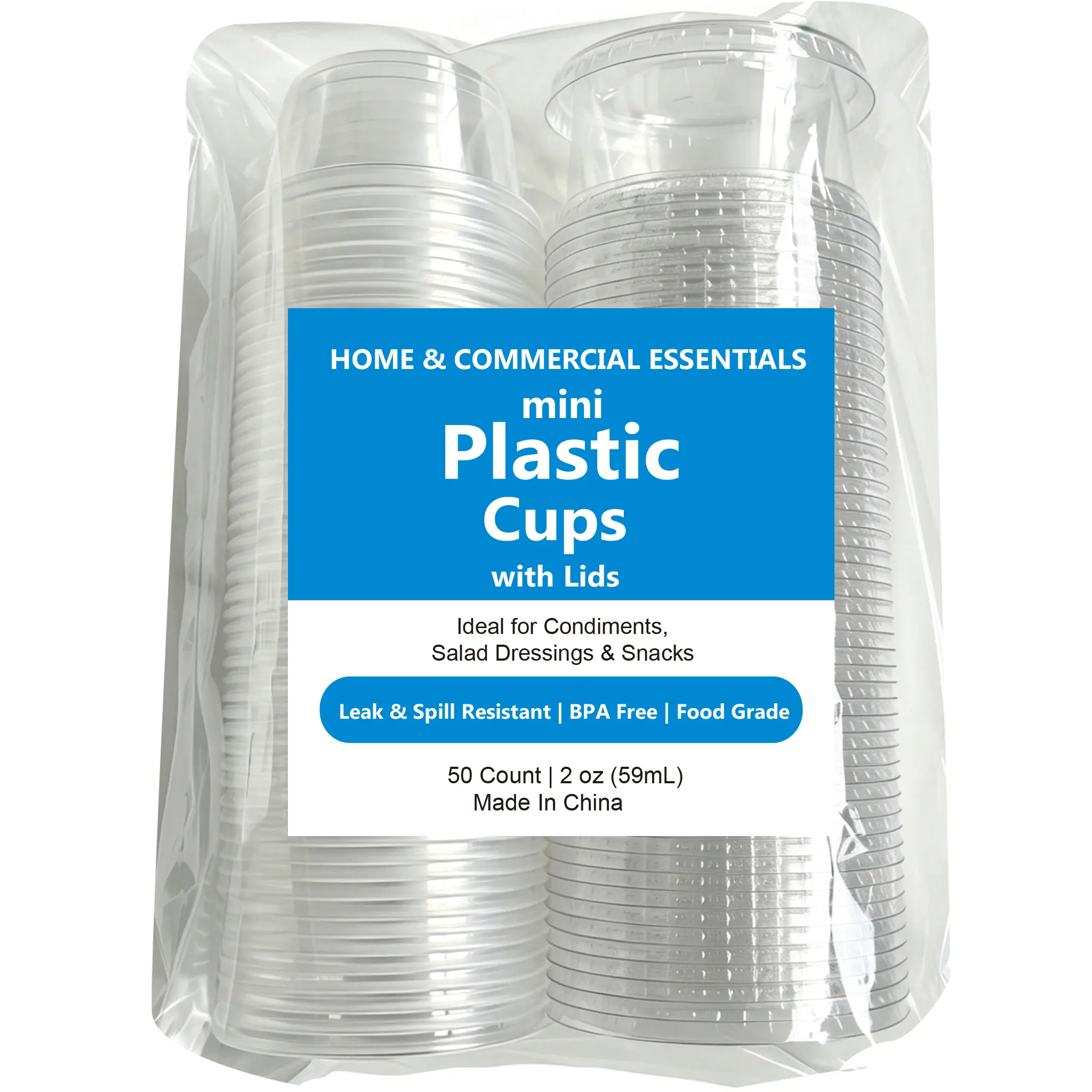 Disposable BPA-Free Plastic Portion Sauce Cups with Lids, 50-Count 2oz Mini Containers for Salad Dressing, Jello Shots, Home & Food Service Use
