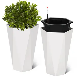 Garvee 2 Packs Tall Outdoor Planters, 22.5" Large Tapered Flower Pots with Drainage Holes, Water Level Monitor, and Automatic Watering System for Patio, Porch, and Garden Use