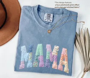 Comfort Colors Faux Patchwork Floral Mama Shirt,Faux Embroidered Mom Shirt,Varsity Mom Tee,Patchwork Mama Shirt, Cottagecore Floral Mom Gift