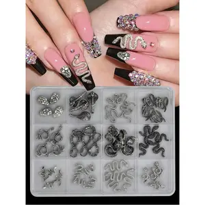 1 Box Of 48pcs Retro Snake Nails Charms, Metal Cobra Nail Accessories, Halloween Gothic DIY Nail Art Supplies, Nail Art Gems, Punk Style Nail Art Supplies Silver Retro Silver Gun Black Nail Ornaments