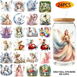 24PCS/SetWatercolor Fairy Themed UV DTF 16OZ DIY Transfer Stickers, High Adhesion Transfer Paper for 16oz Water Bottles, Glass Bottles, Laptops and Home Decoration DIY