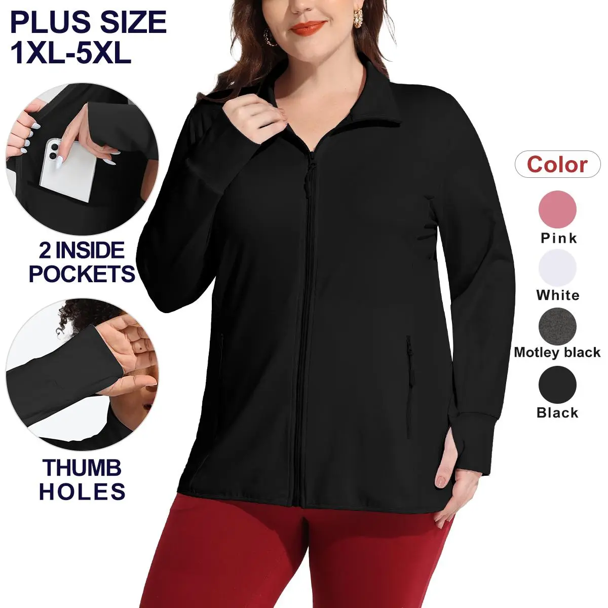 COOTRY【Plus Size】Jacket Women’s Lightweight Fitted Zip-Up Jacket Gym Stuff For Women Long Sleeve Jacket Zippered Pockets Collared Neck Jacket with Thumb Holes | Amazon Work Out Jacket |Athletic Wear |Plus Size Fashion| Tech Jacket Woman