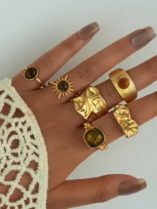 6 Piece Set Geometric Metal Rings with Artificial Zircon Stones, Design, Tiger Eye Stone Ring for Holiday & Daily Wear, Gold Color Rings, Stacking Ring Set, Stackable Rings, Unique Rings