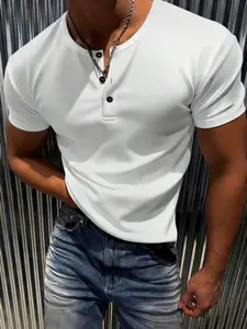 Men's Casual Plain Button Half-Open Short Sleeve T-Shirt, Classic Button Design, Ultra Comfortable Fabric, Daily Wear, Menswear