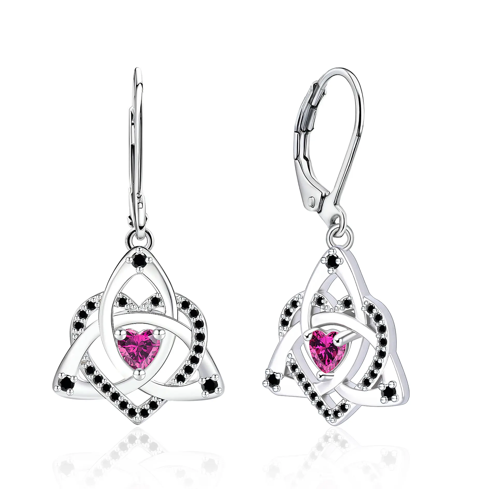 925 Sterling Silver Celtic knot Heart Earrings Celtic Trinity Knot Leverback Earrings with Pink Cubic Zirconia.Elegant Jewelry for Women Gift