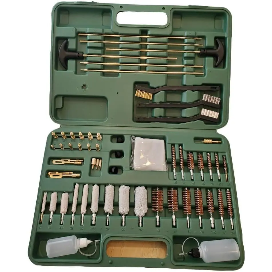 KDO Durable Universal Metal Gun Cleaning Kit for Gun Owners, 62-Pcs Set with Brass Jags, Oils & Solvent Dispenser Bottles, Swabs, Leather Accessories, All Necessary Brushes for Car & Motorcycle Maintenance