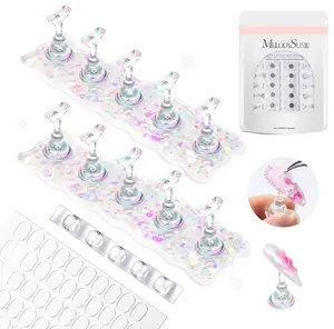MelodySusie Nail Stand for Press Ons, White Shiny Acrylic Magnetic Base for Painting Display with Brush Holder and 100 Pcs Reusable Double-Sided Tape for Home DIY Salon Supplies