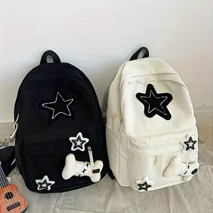 A Corduroy Casual Backpack With Star Embroidery - A Spacious College Style Backpack For Everyday Commute - A Multifunctional Cute High School School Bag With A Foldable Lightweight Design, Adjustable Shoulder Straps And Polyester Lining