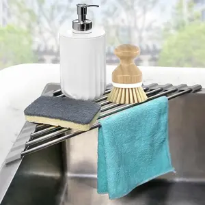 Corner Sink  Triangle Dish Drying Rack for Sink Corner, Sponge Holder Roll Up Dish Drying Rack Over The Sink, Stainless Steel Kitchen Sink Organizer Drainer Mat Sponge  for Counter Storage