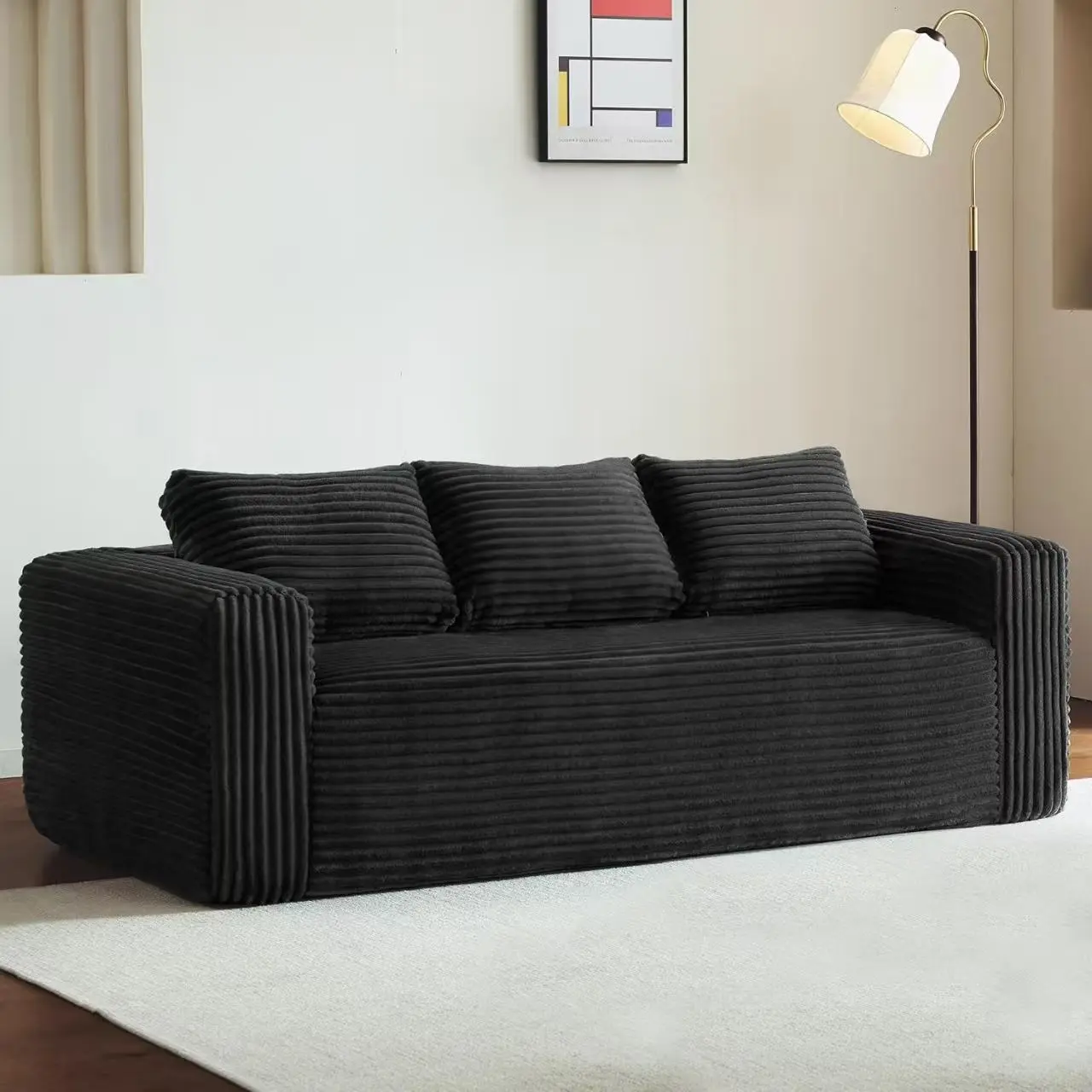 Black Corduroy 2-Seat Memory Foam Cloud Loveseat Sofa in a Box - Armless, Polyurethane Foam, Durable, Fast Rebound Technology, Deep Seat, Boneless Frame, Breathable Skin-Friendly Compressed No-Assembly for Living Rooms Small Spaces