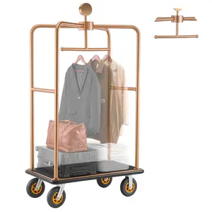 【FathersDayGift】VEVOR Hotel Luggage Cart, 1200 lbs Heavy Duty Bellman Cart with Stainless Steel Frame, 8 in Rubber Wheels, Black Carpeted Deck, Commercial Luggage Carrier Rolling Trolley for Hotels,Resorts, Rose Gold
