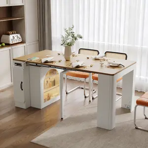 Extendable Dining Table with 3 Removable Middle Leaves, Mobile Rolling Island Table with Power Outlet, Saving-space Cabinet with Storage for Dining Room and Living Room (CREAM WHITE AND NATURAL)