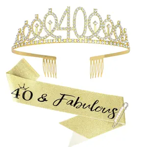 Gold 40th Birthday Crown + 40 & Fabulous Sash + Pearl Pin Set, Tiara for Mom's 40th Birthday Decorations and Gifts