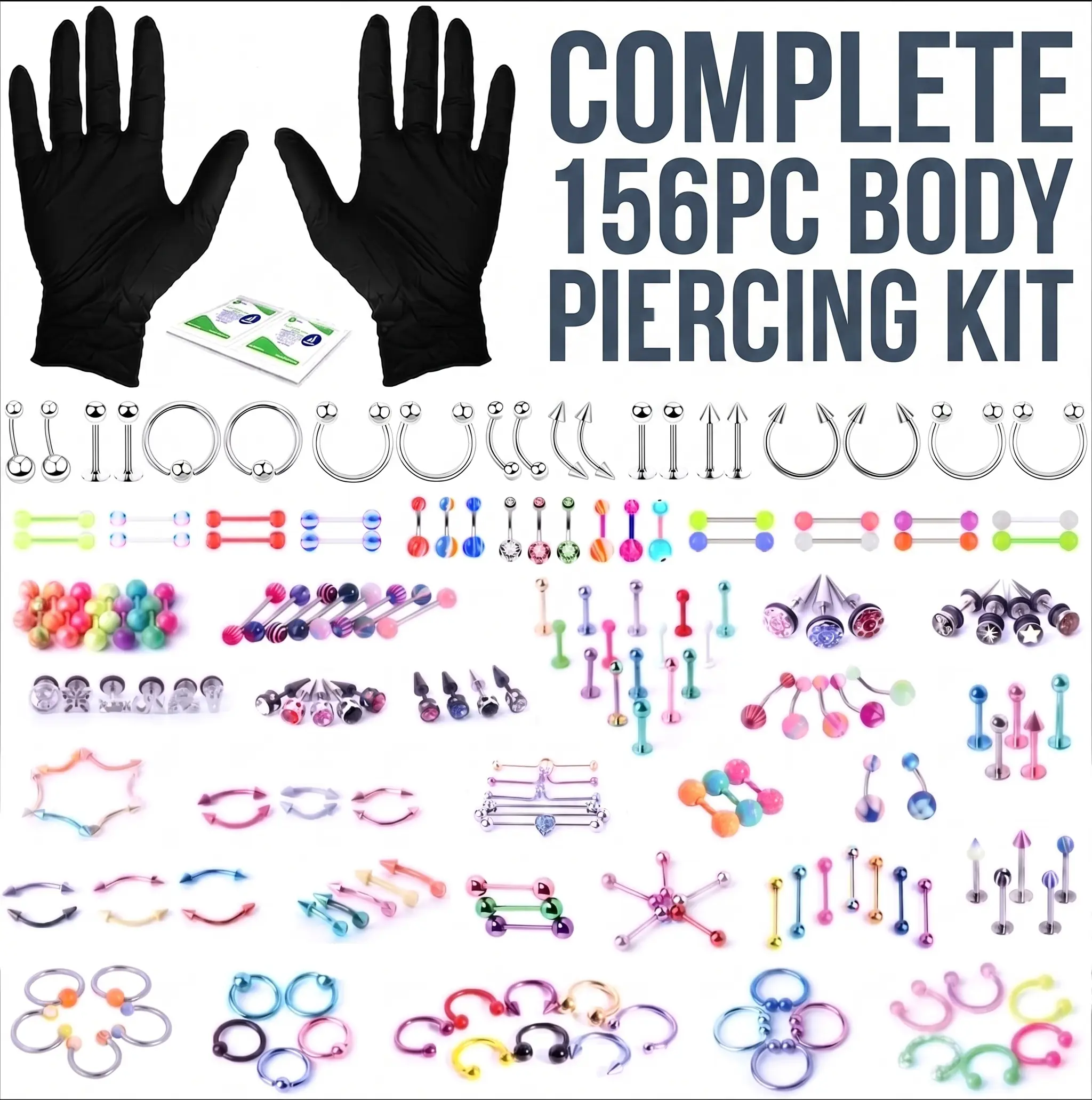 156PC Body Piercing Kit with  Belly Button Ring Nose Septum Tragus Cartilage Industrial - Horseshoe Hoop Barbell Labret Stud - 14G 16G 18G 20G Random Mix Body Jewelry