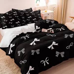 Black Bow Set, Retro Cute Style, Including 1 Quilt Cover + 1/2 Pillowcase, No Filling, Soft Comfortable, Machine Washable, Soft Bedding Sets, Perfect Choice for Girls Creative Bedroom Decoration