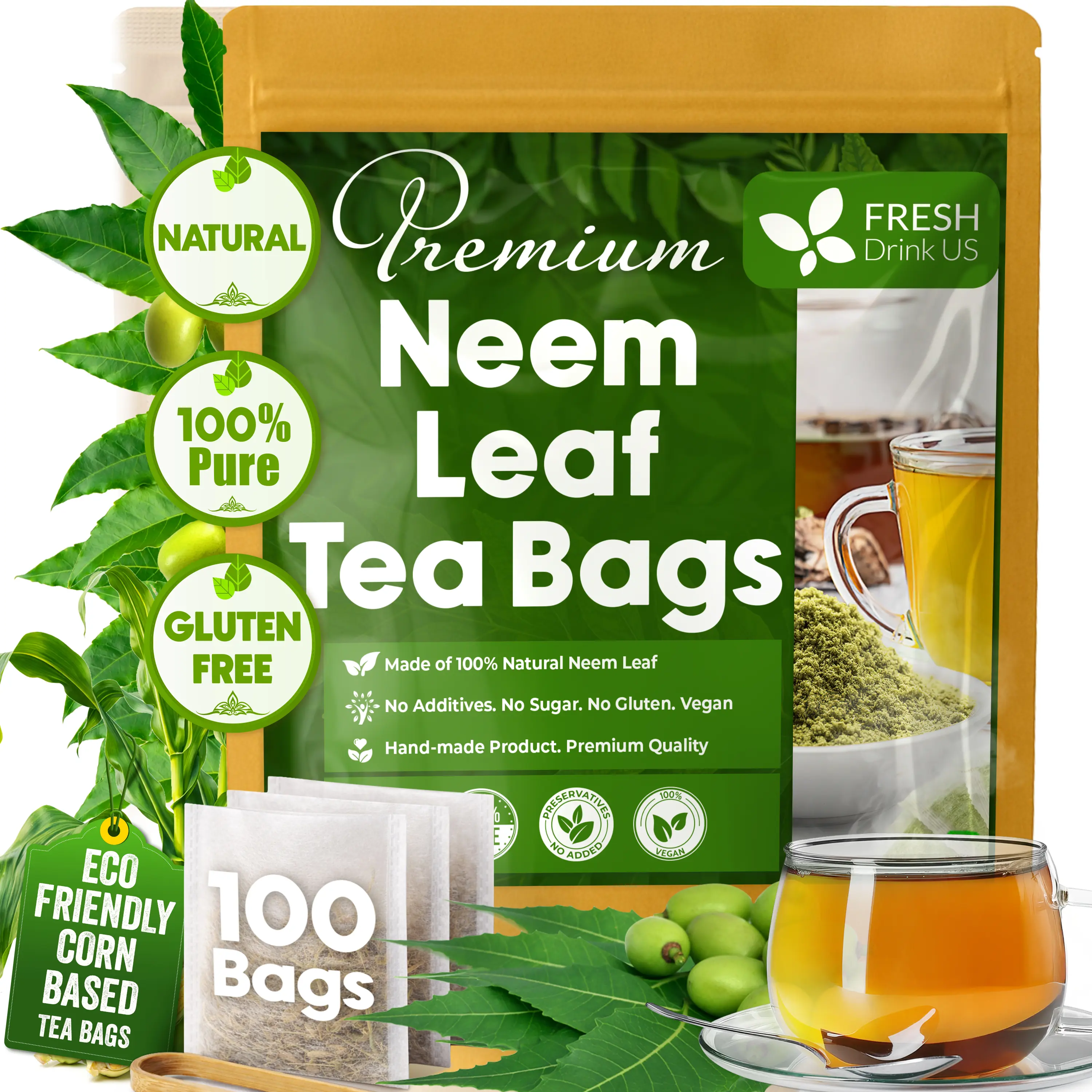 FRESHDRINKUS, Premium Neem Leaf Tea Bags, 100% Natural and Pure from Neem Leaves. Loose Leaf Neem Herbal Tea. Neem Leaf Tea. No Sugar, No Caffeine, No Gluten, Vegan.
