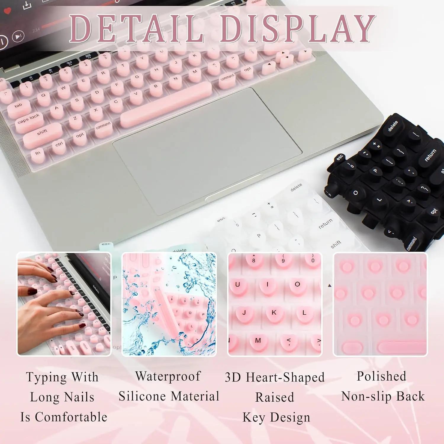 Soft Silicone Keyboard Cover for Women with Long/Acrylic Gel Nails - Raised Keys Typing Aid for MacBooks Pro/Air 13"/14"/15"/16" (2020-2025), Transparent Skin for Gaming (Pink)