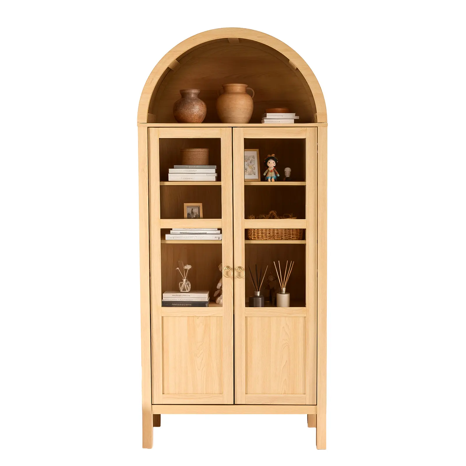 71" Wood Tall Storage Display Cabinet with Rounded Arched Top in Oak 2 Doors for Home Decor