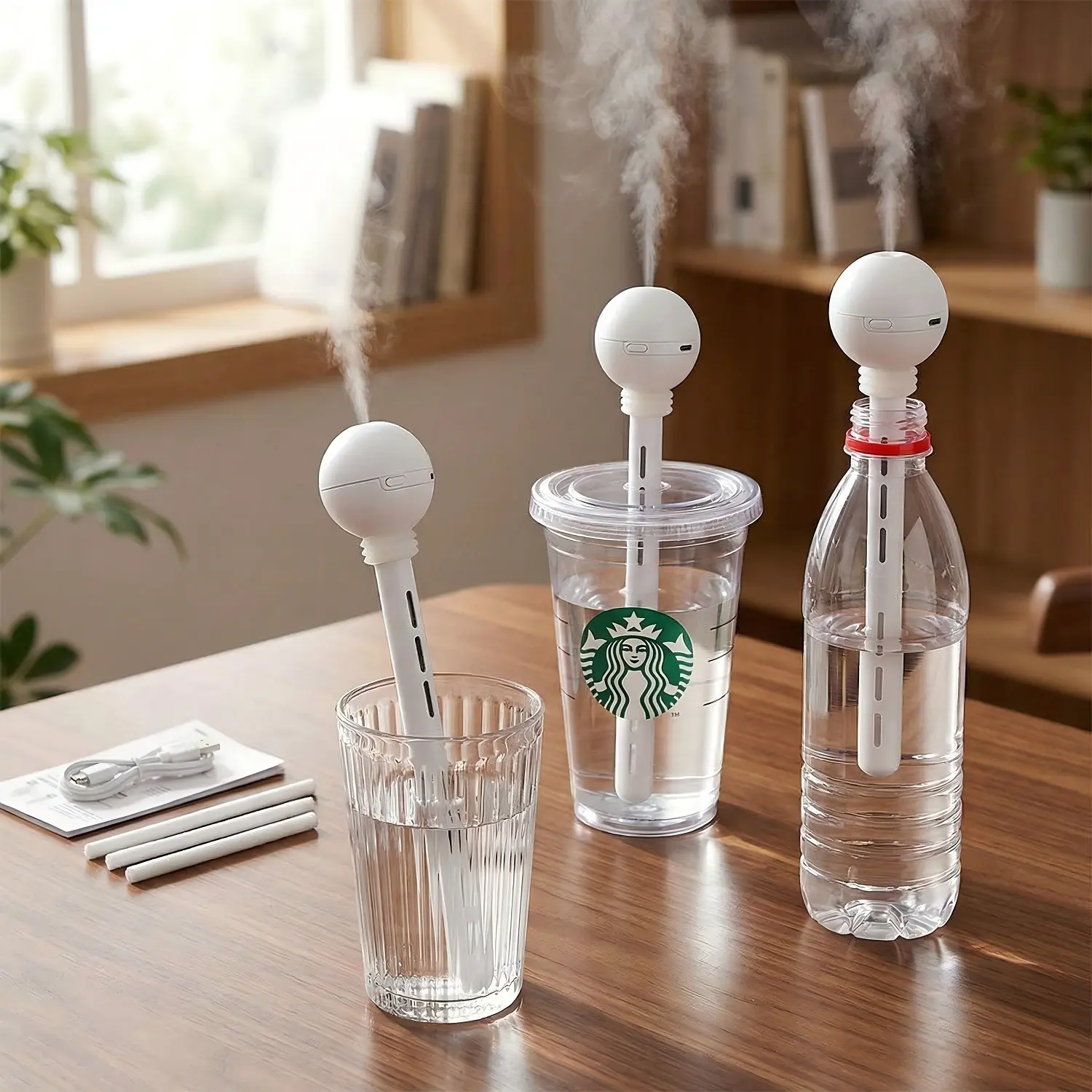 Portable Compact Humidifier Stick - Cordless, Automatic Quiet Operation, High-Capacity Mist Emission Wand with Silicone Seal, Universal Fit for Water Bottles/Cups, Leak-Proof for Office, Travel Use