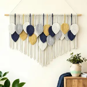 Boho Leaf Tassel Macrame Cotton Tapestry Wall Decor for Living Room, Bedroom or Nursery