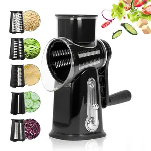 Rotary Cheese Grater Shredder 5-in-1 Tumbling Box Mandoline Vegetable Julienne Slicer Waffle Cutter Nut Chopper with Handle and Strong Suction Base for Kitchen Home Cooking