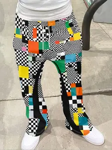 Vintage Men's Geometric Print Pants, Loose Bell Bottoms, Drawstring Sportswear, 3D Soft Breathable Fabric, Casual All-Season Wear, Casual Sporty Trousers