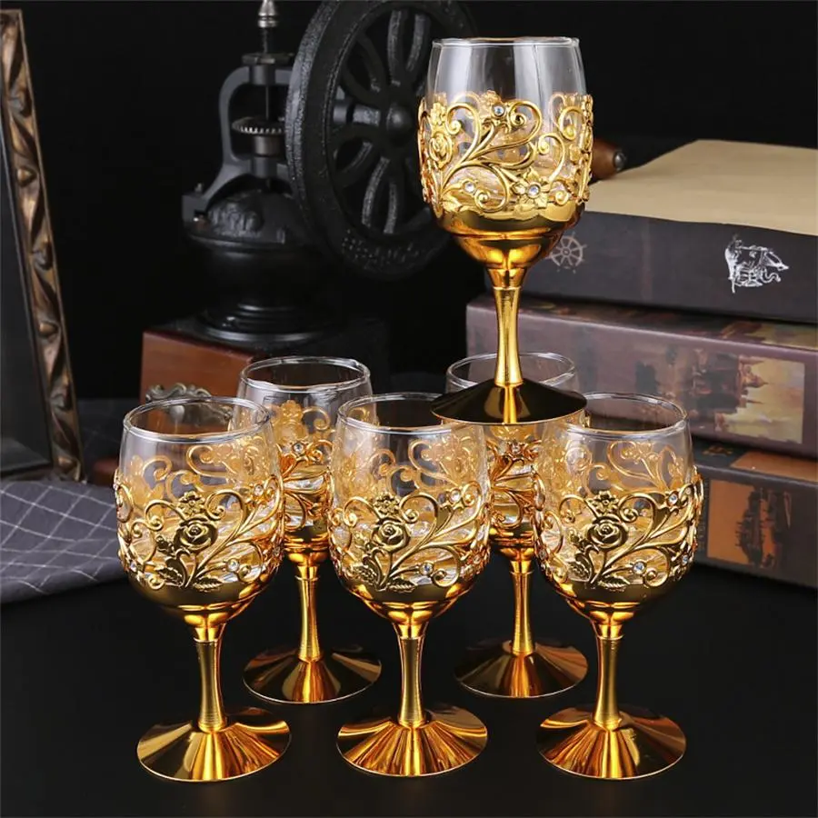 Vintage Flower Pattern Glass Goblet, 6 Counts/set Elegant Exquisite Champagne Wine Cup Goblet, Drinking Cup for Wedding Party, Home Decor, Vintage Embossed Goblets