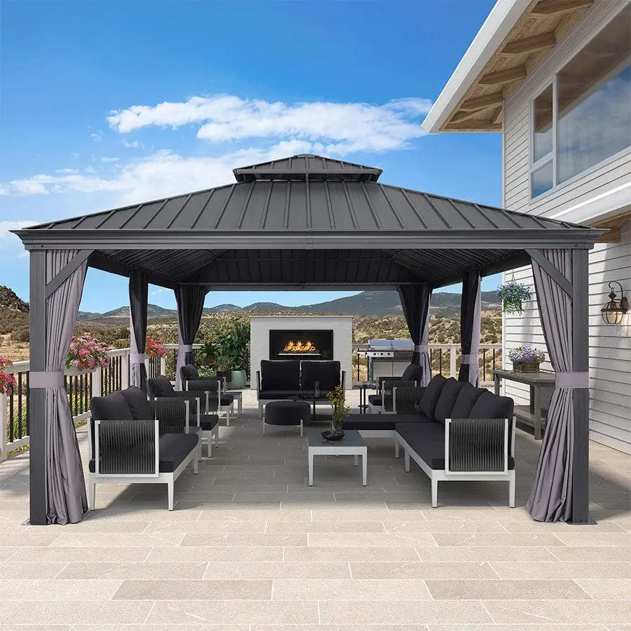 PURPLE LEAF 12'x24' Sturdy Hardtop Patio Gazebo - Outdoor Furniture, Outdoor Shade Canopy, Stable Galvanized Steel Grey Aluminum Frame with Upgraded Curtain for Backyard Grills, Hot Tub, Aluminum Frame Canopy