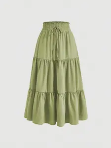 [Plus Size] Women's Plain Tie Front Ruffle Hem Skirt, Casual Elastic Waist Frill Trim Fit Flared A Line Skirt for Daily Wear, Ladies Bottoms for All Seasons