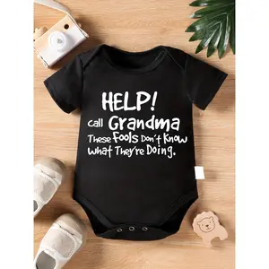 Help! Call Grandma..." Funny Letter Print Youngsters Boy Jumpsuit- Comfy 100% Cotton, Short Sleeve, Machine Washable, All-Season Black Romper with Humorous Grandma Warning, Youngsters Boy Clothes, Perfect for Outdoor