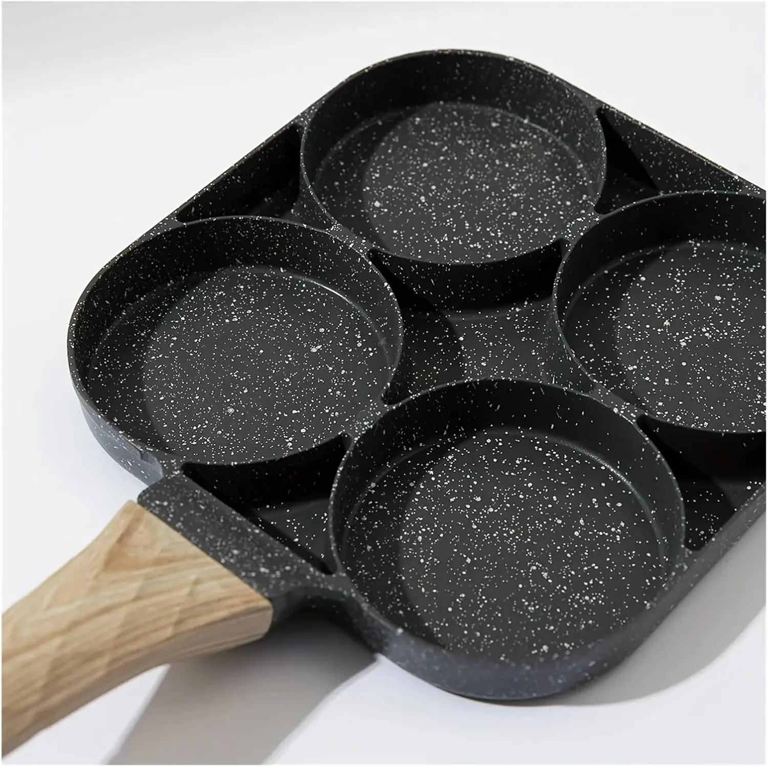 1pc Compact 4-Hole Non-Stick Flat-Bottomed Frying Pan with Wood Handle, 1-Piece Multi-Compartment Household Cookware for Omelettes, Breakfast Burgers, One-Piece