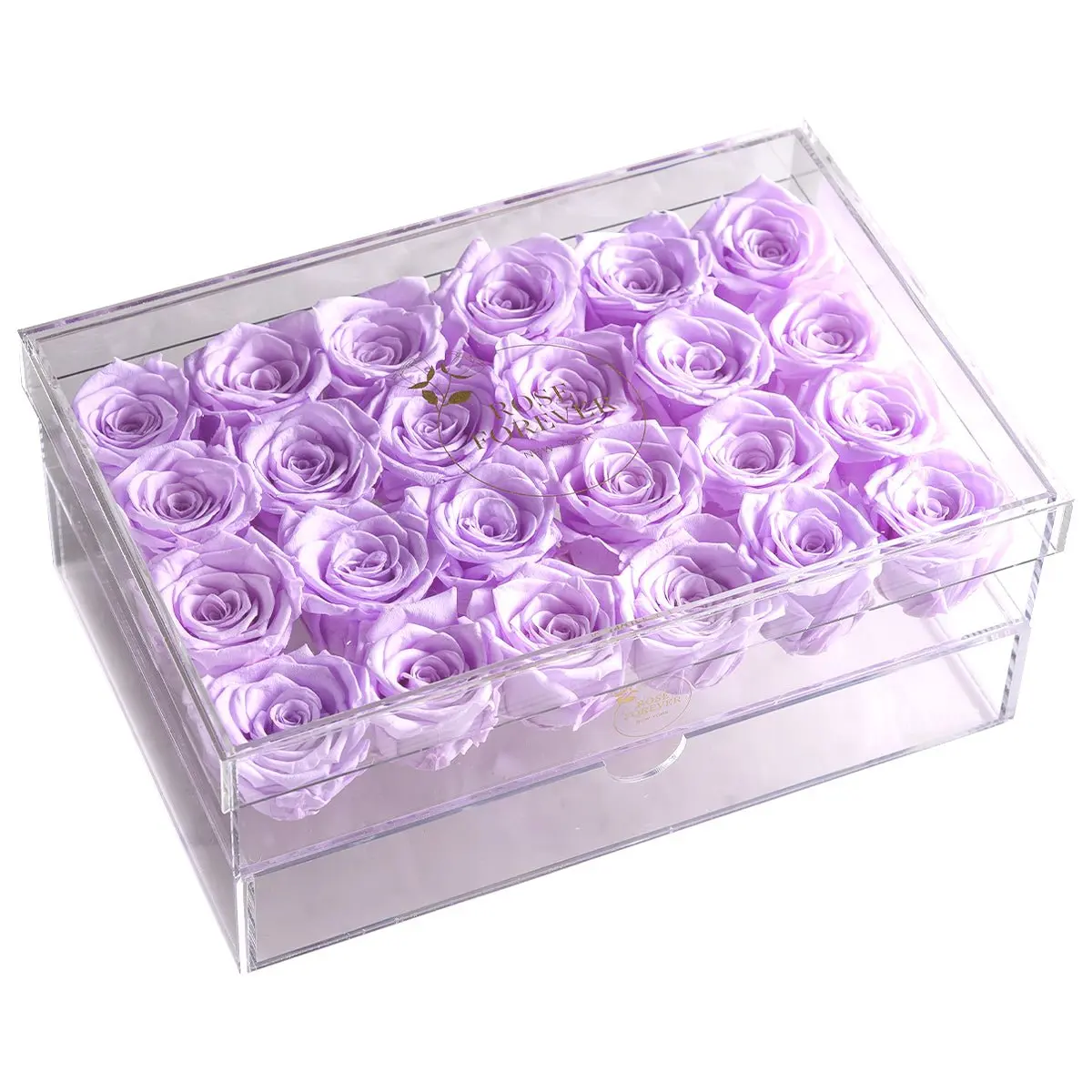24-Lilac Rose Bouquet in Rectangular Acrylic Box with Drawer Storage, Modern Elegance Decorative Flower Centerpiece for Home Room Decor