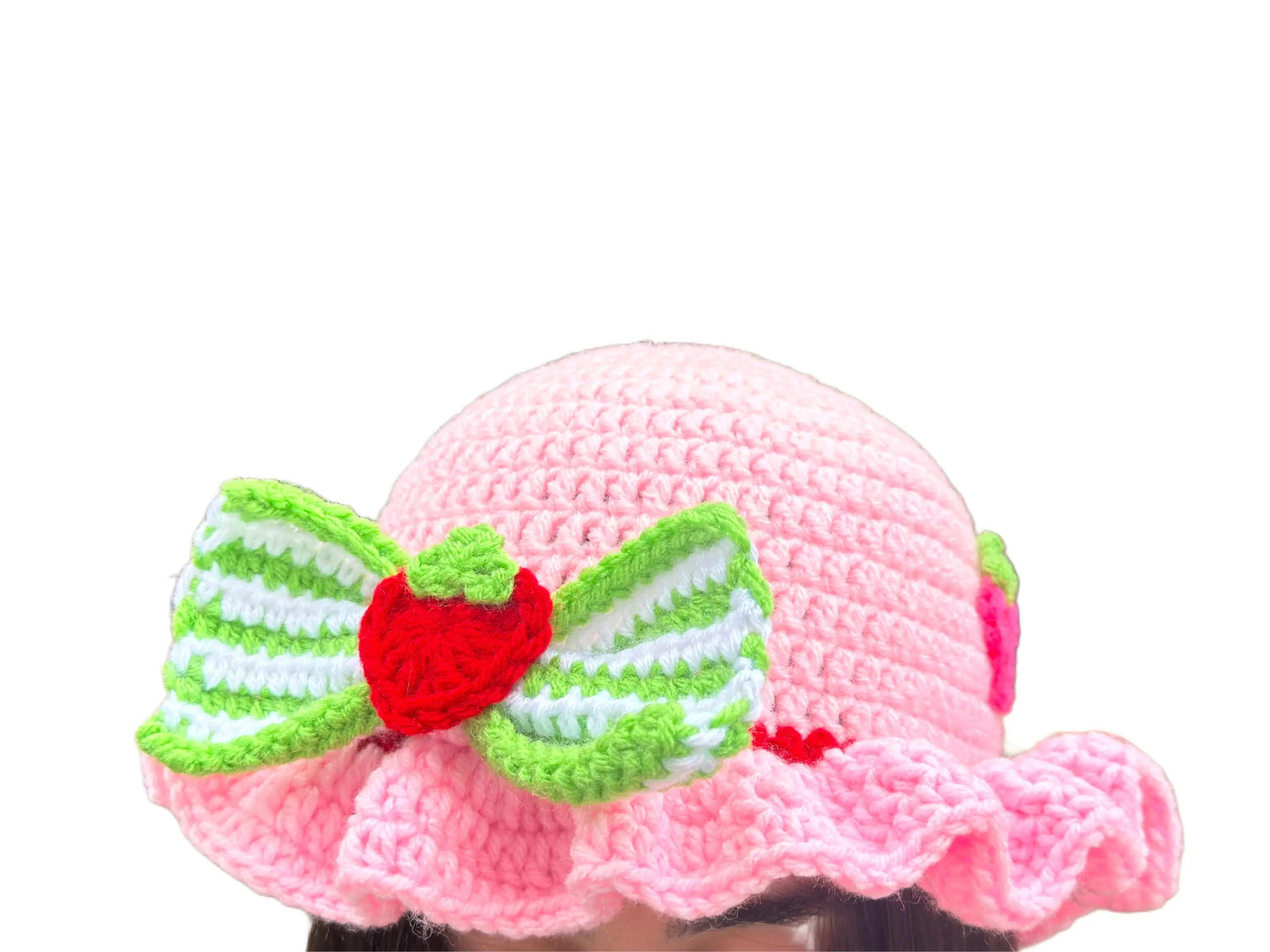 Pink Strawberry Crochet Bucket Hat | Handmade Pink Ruffle Hat (21”)