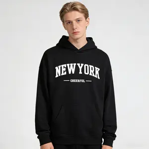 Manfinity Homme Men's Oversized Black NEW YORK Cheerful Hoodie NYC Streetwear 2026 with Drawstring for Adjustable Comfort