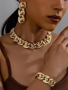 New Punk Style Hip-Hop Metal Chain Chunky Jewelry Set, European and American Exaggerated Geometric Buckle Necklace Bracelet Earrings Set