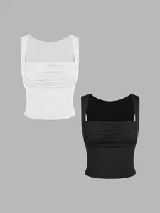 Cider 2 Pack Solid Ruched Square Neck Crop Top