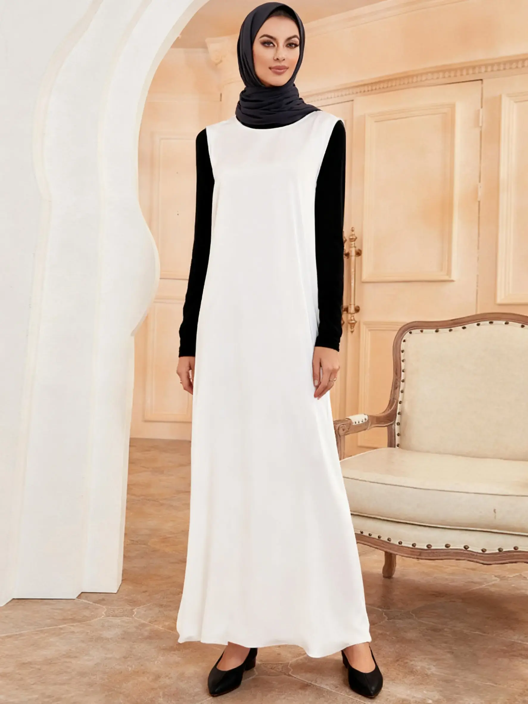 Women's Modest Sleeveless Satin Arabian Muslim Dress, Casual Boat Neck Long Dress for Summer, Women's Islamic Clothing for Daily Wear, Modest Style Dress