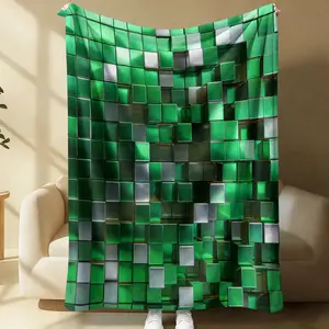 Cool Dark Style Gaming Blanket, 3D Cube Design with Blue Neon Lights, Breathable Flannel, Ideal for Tech Enthusiasts' Bedrooms