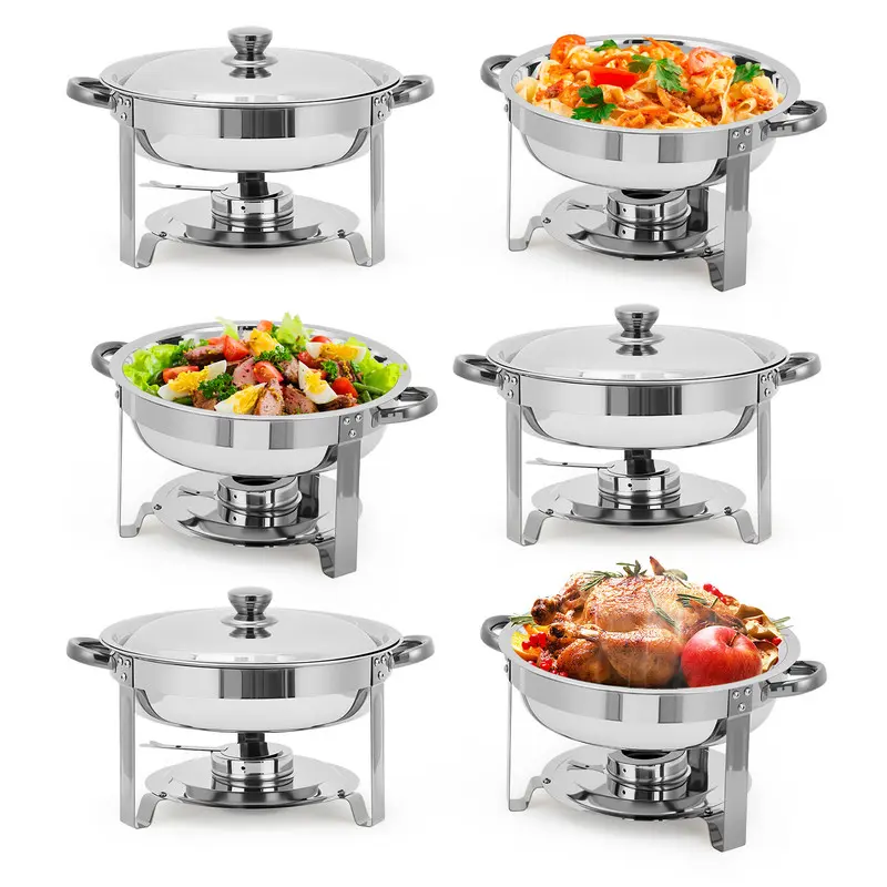 Pack of 6 Round Chafing Dish Buffet Set, 5 Quart Stainless Steel Deep Pans Chafer Dish with Water Pan, Fuel Holder, Buffet Servers for Party Catering stainless steel chafers