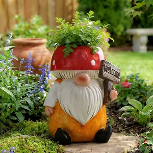 Creative Mushroom Gnome Planter with Welcome Sign, Multi-Functional Indoor Outdoor Decor, Perfect for Succulents Herbs, Garden Home Decoration, Holiday Gift