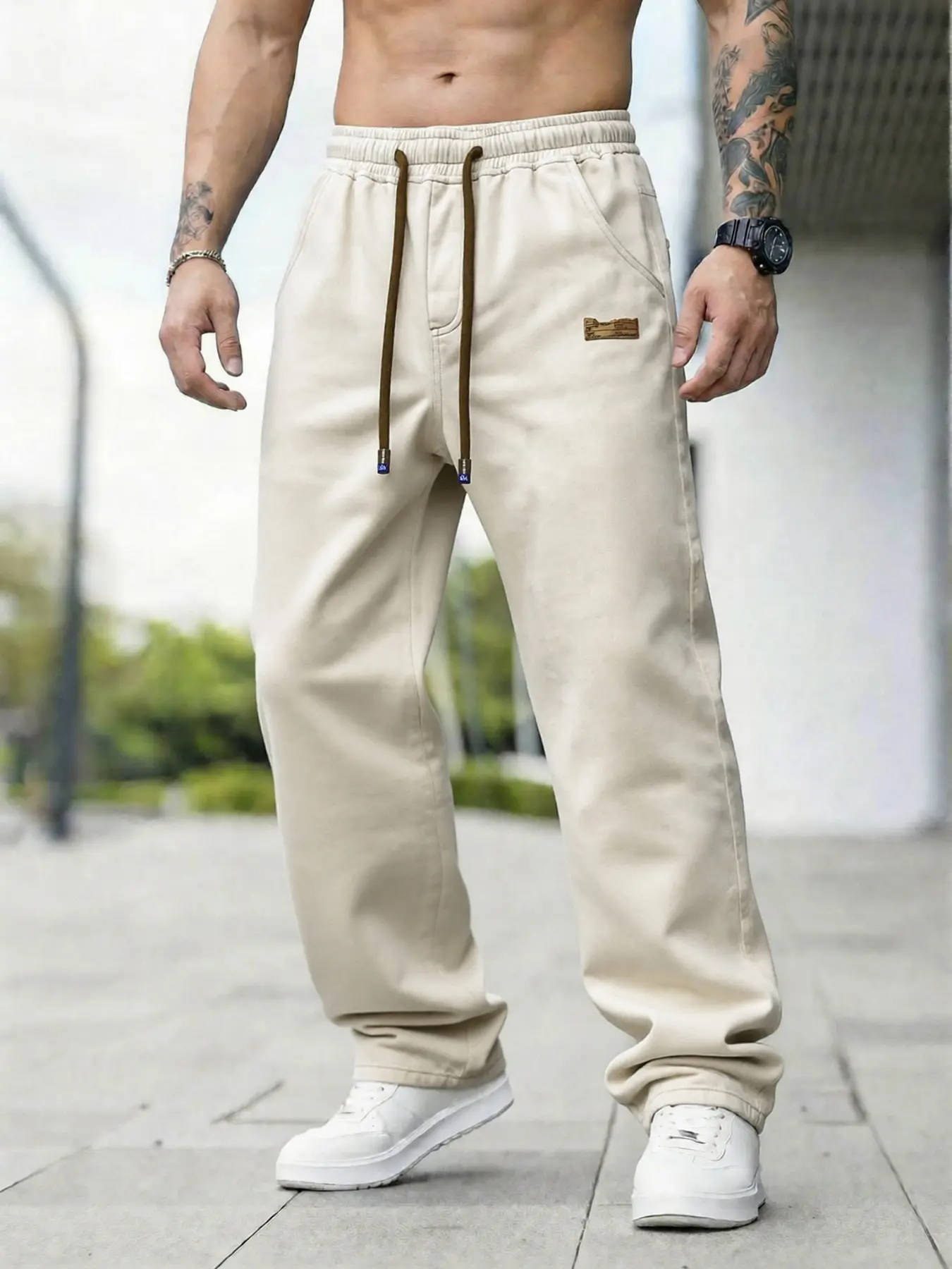 Men's Water-Washed Loose Drawstring Ankle Straight Jeans Pants Trouser, Elastic Waist Straight Leg Deisgn, High Street Casual Streetwear Bottom, Suitable for Daily/Street/Sportswear, Four-Season Wear, Ideal Gift for Husbands, Menswear