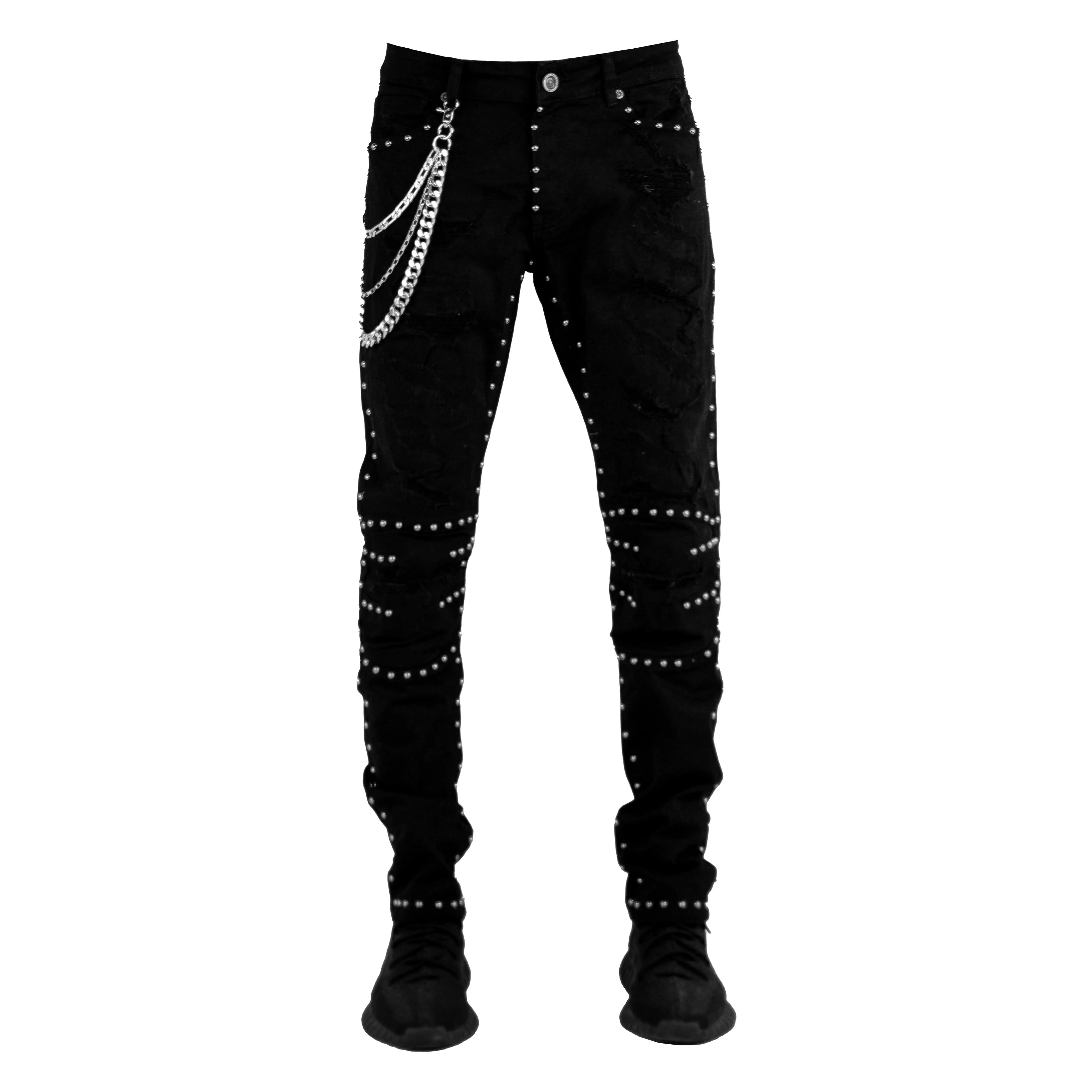 Men's Jet Black Studded Jeans, Slim Tapered Fit in Distressed Stretch Denim with 5 Pockets and Removable Wallet Chain, Spandex, Menswear, Pants, Cotton Blend, Dark Denim Men's Jeans, Studded Look, Embellished Men's Jeans